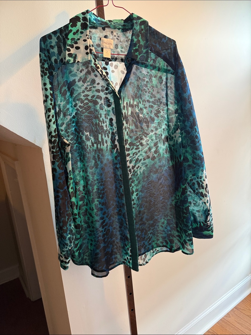 Chico’s Lightweight Teal Animal Print Button-Up Blouse
